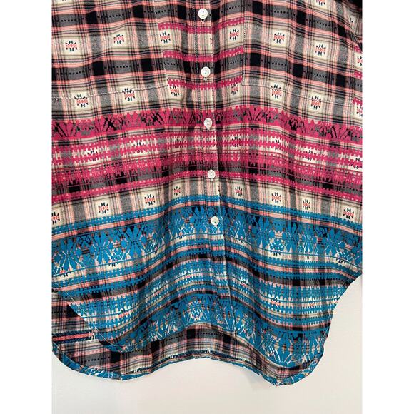 Roller Rabbit Brown Pockets Flannel Top Shirt Aztec Plaid Batik IKAT XS - Picture 4 of 12